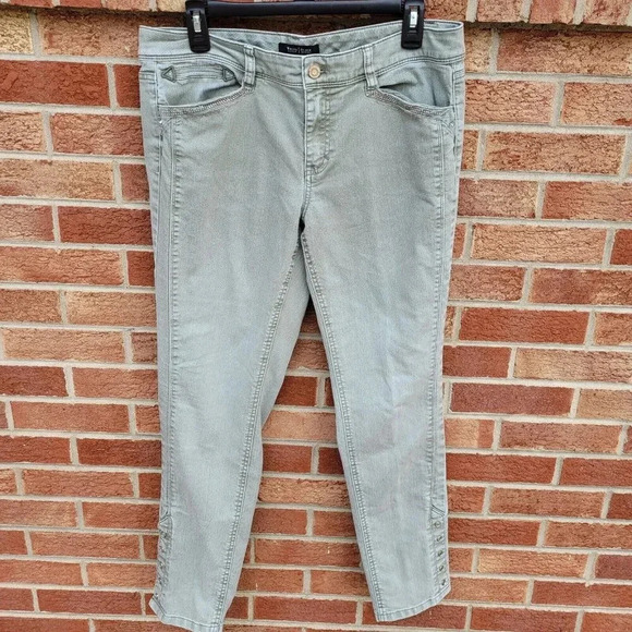 White House Black Market Pants - White House Black Market Green Jeans Women's Size 10R Slim Ankle Beaded Accents